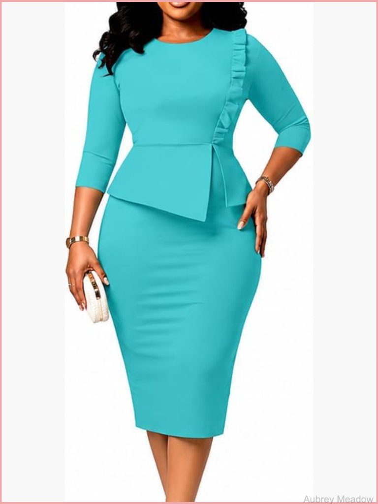 Bodycon Midi Dress With Puff Sleeves, Ruched Midsection, Back Slit